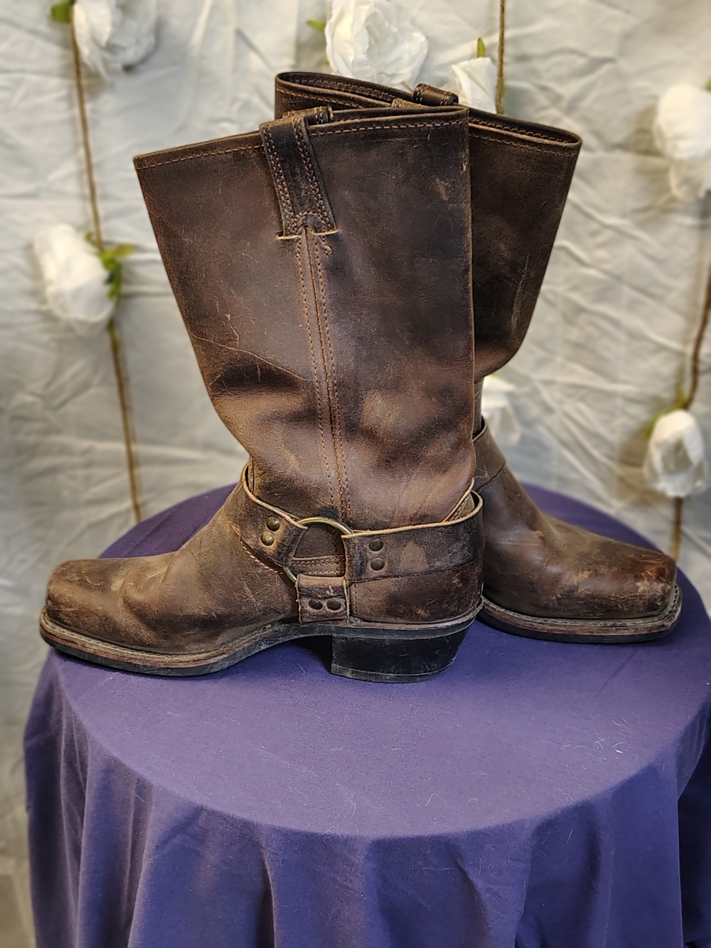 Frye Brown Leather Harness Cowboy Boots